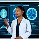 A professional, ethnically diverse woman, fully clothed in a modest, contemporary lab coat over appropriate attire, standing in a sleek, futuristic beauty laboratory. She is gently interacting with a large holographic screen displaying a detailed AI-generated skin analysis report, with subtle DNA helix motifs in the background. The scene emphasizes innovation and scientific precision. safe for work, appropriate content, fully clothed, professional, perfect anatomy, correct proportions, natural pose, well-formed hands, proper finger count, natural body proportions, professional photography, high quality, studio lighting, hyperrealistic.