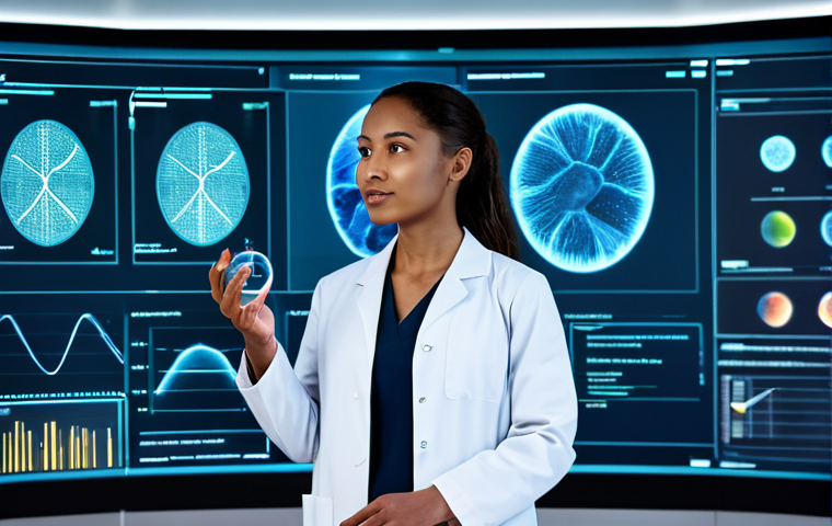 A professional, ethnically diverse woman, fully clothed in a modest, contemporary lab coat over appropriate attire, standing in a sleek, futuristic beauty laboratory. She is gently interacting with a large holographic screen displaying a detailed AI-generated skin analysis report, with subtle DNA helix motifs in the background. The scene emphasizes innovation and scientific precision. safe for work, appropriate content, fully clothed, professional, perfect anatomy, correct proportions, natural pose, well-formed hands, proper finger count, natural body proportions, professional photography, high quality, studio lighting, hyperrealistic.