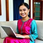 **

A Malaysian woman in a brightly coloured baju kurung, attending a skincare consultation via tablet. She's smiling slightly. The background shows a comfortable living room with traditional Malay decorations. safe for work, appropriate content, fully clothed, modest, professional photography, perfect anatomy, natural proportions.

**