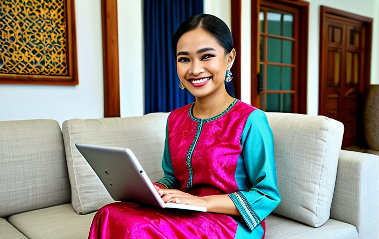 **
A Malaysian woman in a brightly coloured baju kurung, attending a skincare consultation via tablet. She's smiling slightly. The background shows a comfortable living room with traditional Malay decorations. safe for work, appropriate content, fully clothed, modest, professional photography, perfect anatomy, natural proportions.
**